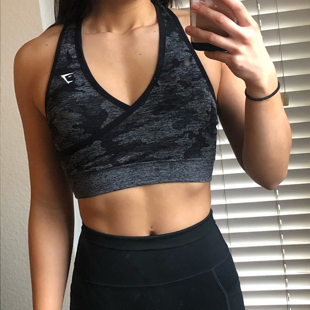 Gymshark Camo seamless sports bra, black, size S
